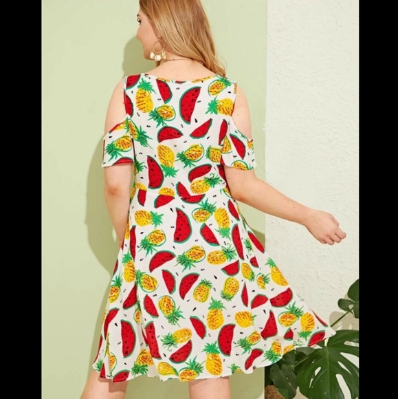 Plus Size Pineapple Watermelon Cold Shoulder Dress - Picture 2 of 5